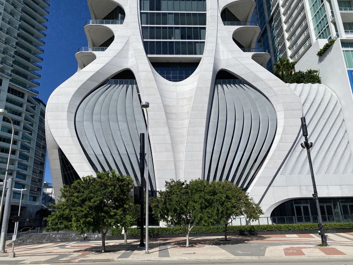One Thousand Museum, Downtown Miami — Zaha Hadid's tower with its exposed concrete exoskeleton seen from the street