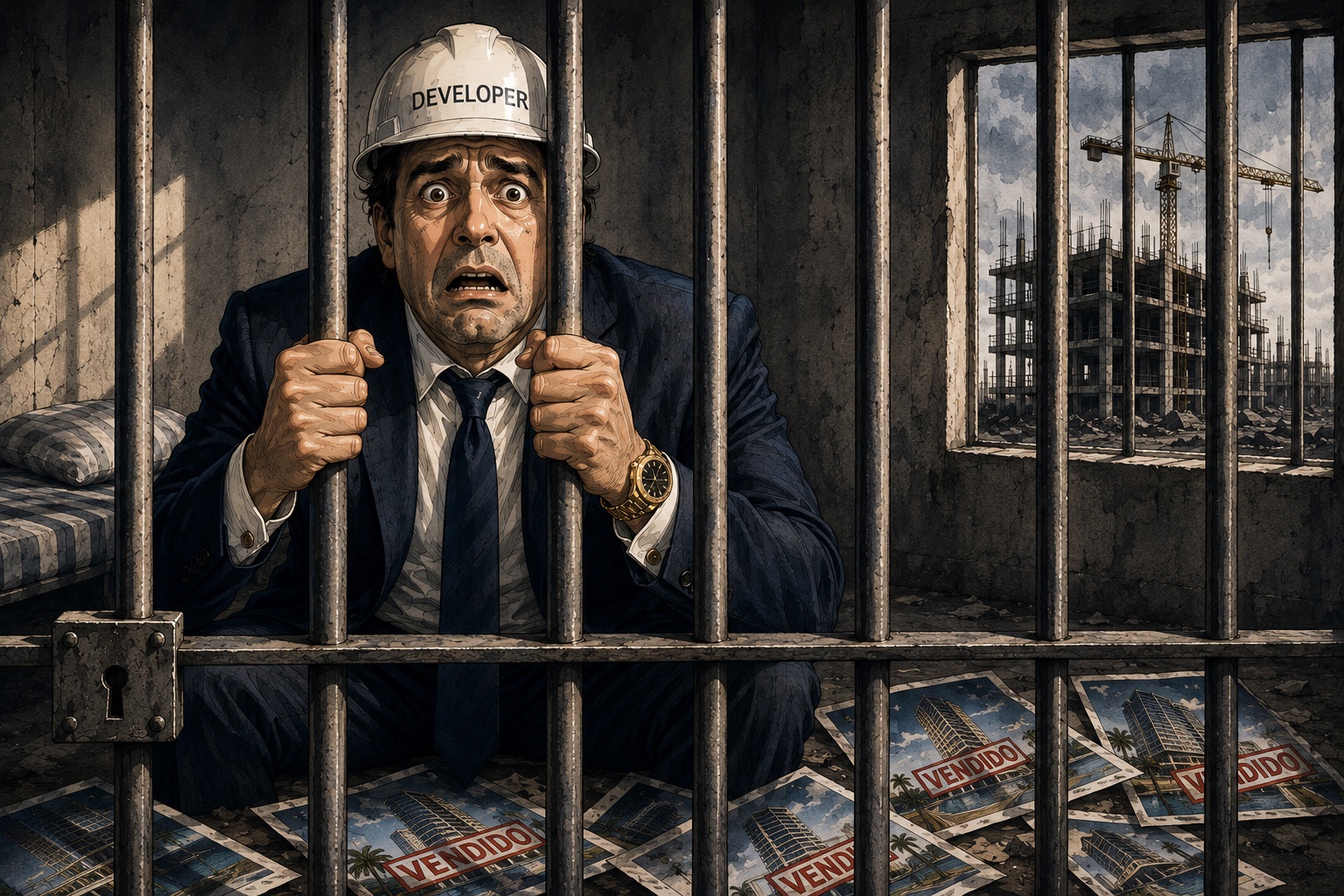 Ilustración editorial: un desarrollador tras las rejas, con folletos de preventa marcados como vendidos y una torre a medio construir al fondo